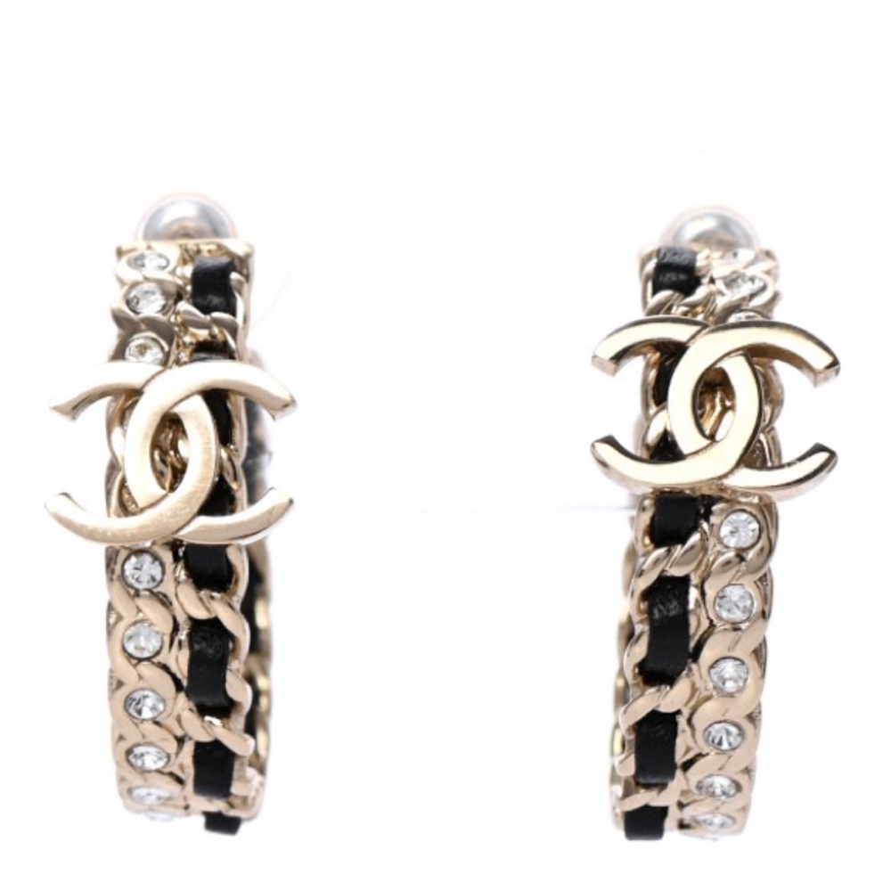 CHANEL Gold and Black Chain Hoop Earrings